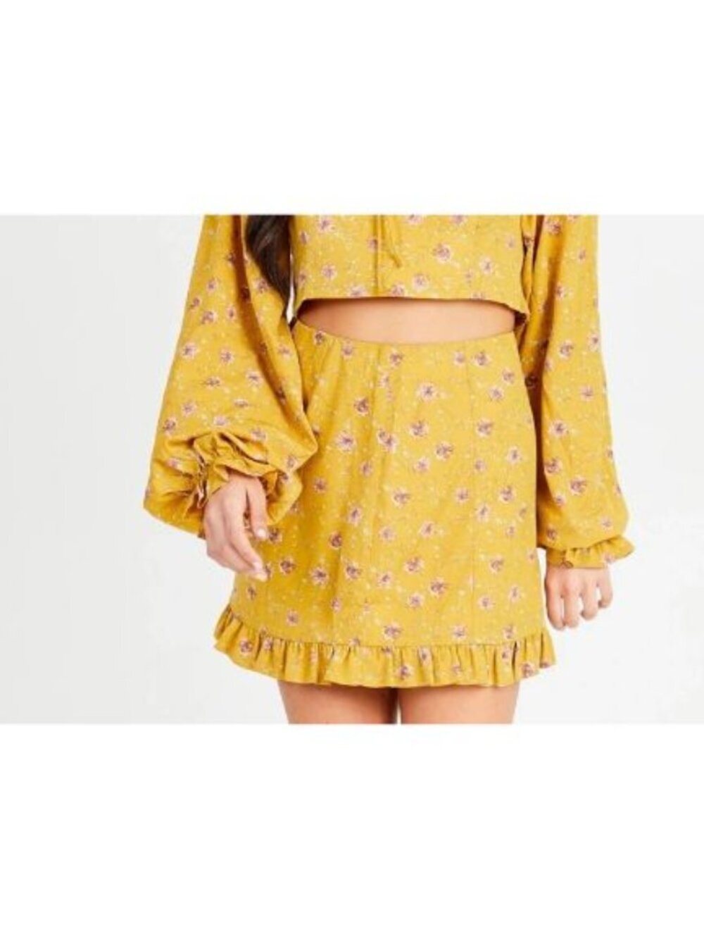 Altar'd State Yellow Floral Ruffle Mini Skirt